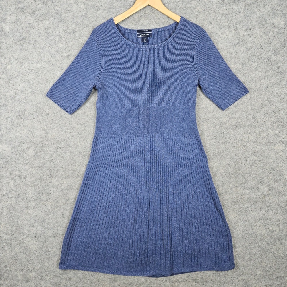 Lands End Womens Blue Sweater Dress Size L 100% Supima Cotton Ribbed Fit & Flare